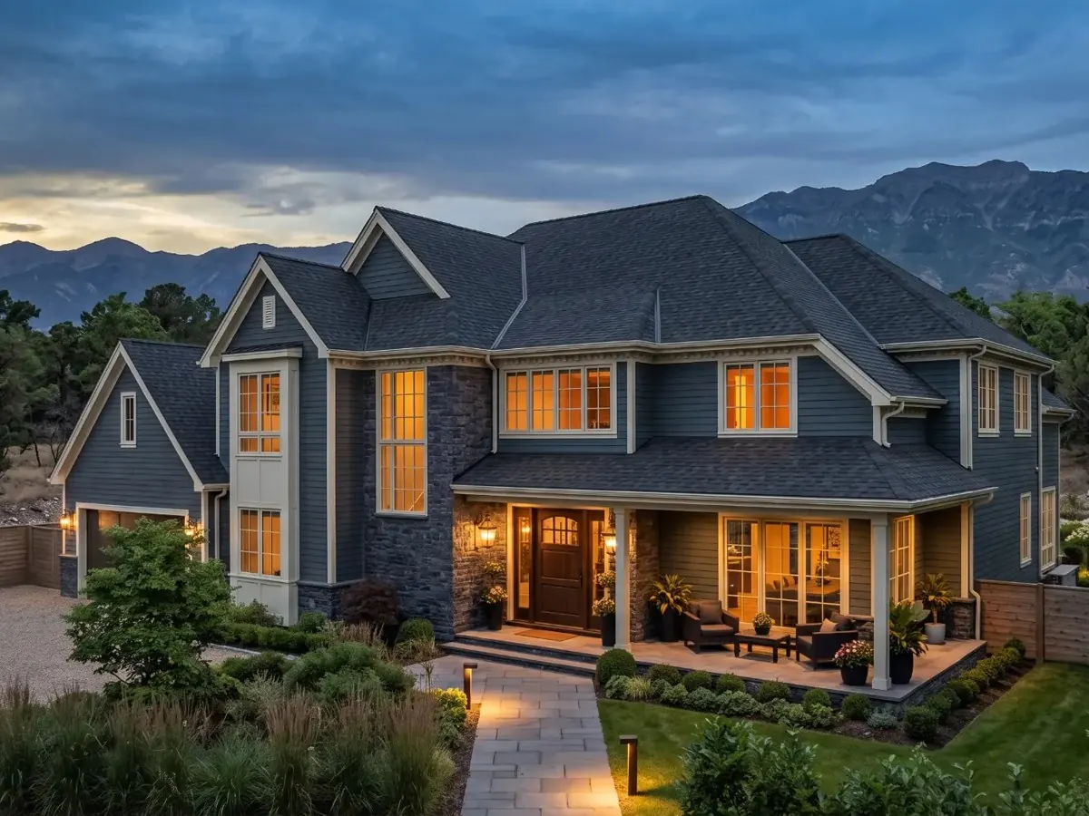 New Utah home at dusk with a newly installed dark shingle roof and mountain backdrop
