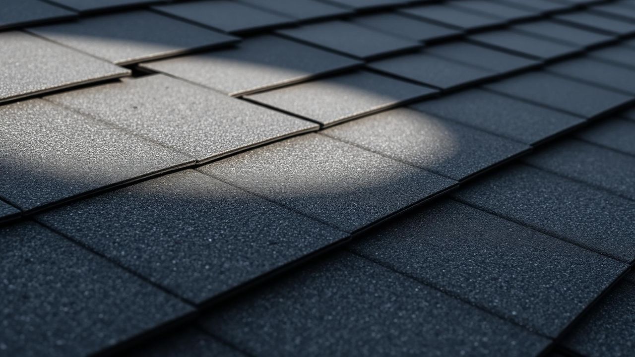 Close-up of dark asphalt roof shingles on a Utah home
